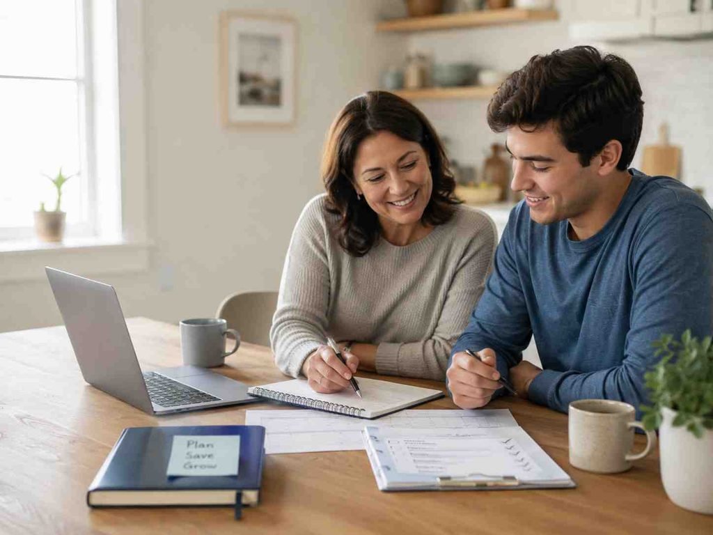 Parent and adult child planning household expectations, finances, responsibilities, and a path back to independence