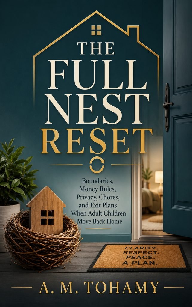 The Full Nest Reset book cover about boundaries, money rules, privacy, chores, and exit plans when adult children move back home