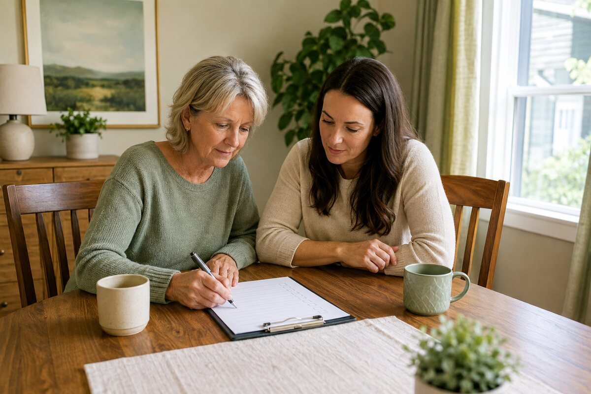 A mother and adult daughter complete an adult child living at home agreement.