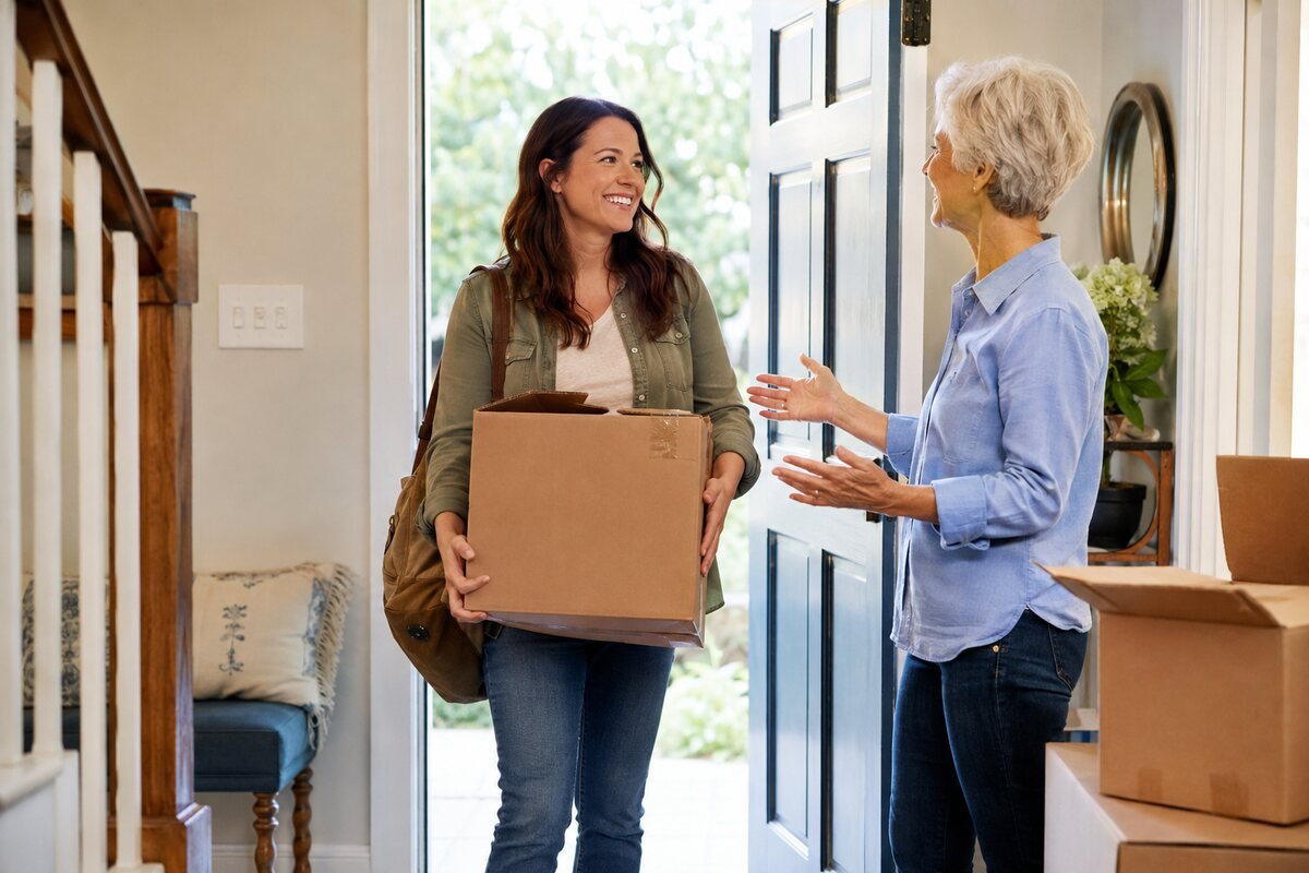 An adult daughter moves back home after divorce and is welcomed by her mother.