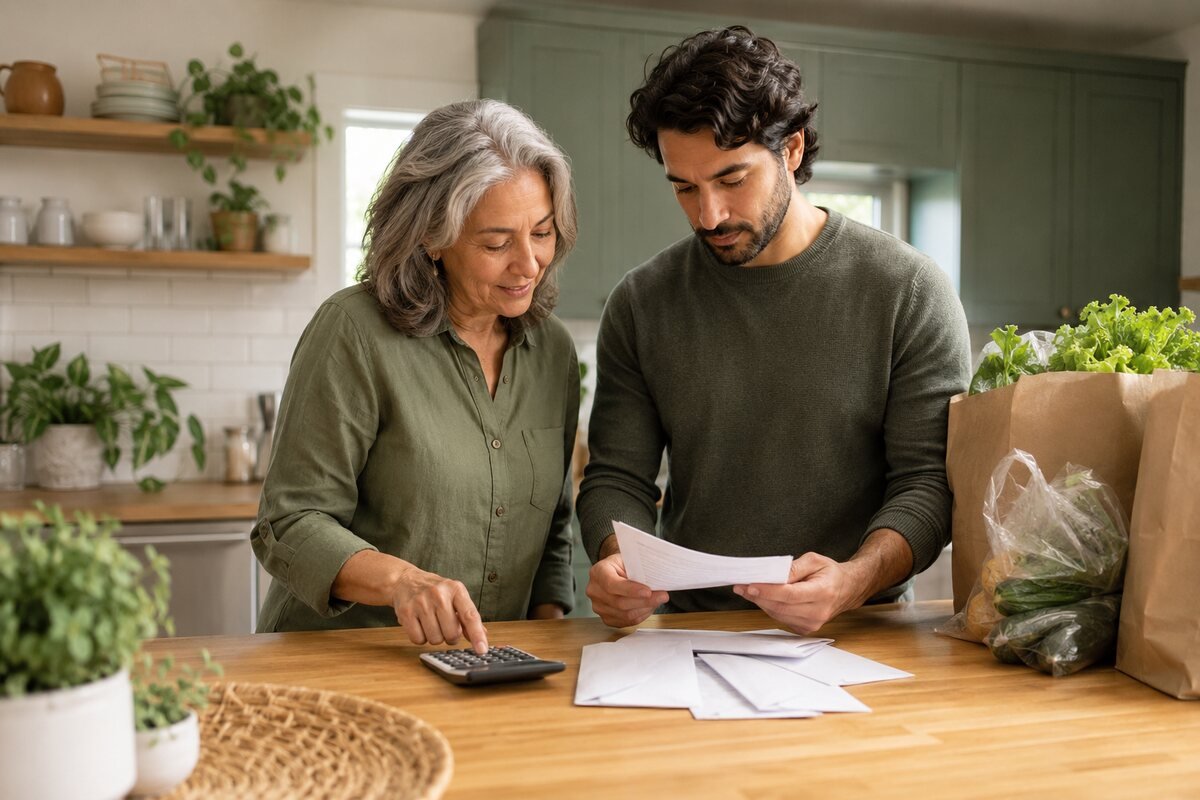 A mother and adult son calculate fair grocery and utility contributions.