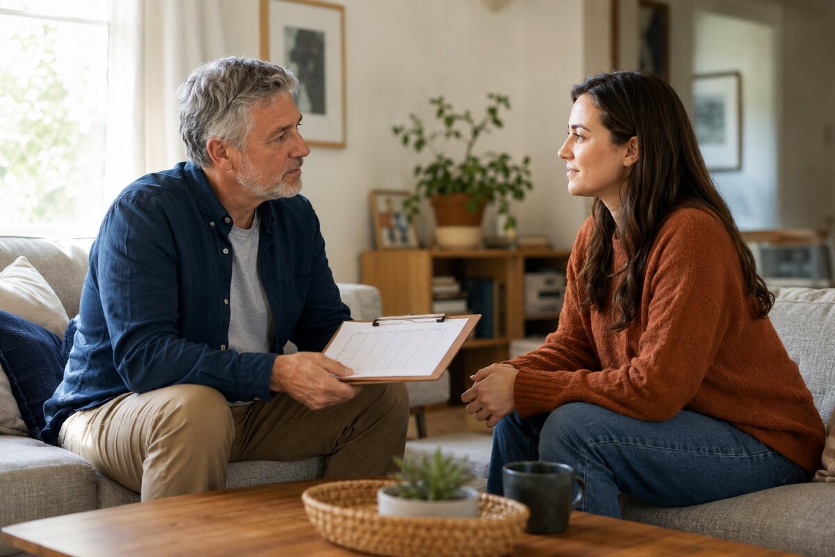 A father and adult daughter calmly discuss household rules and boundaries in the living room.