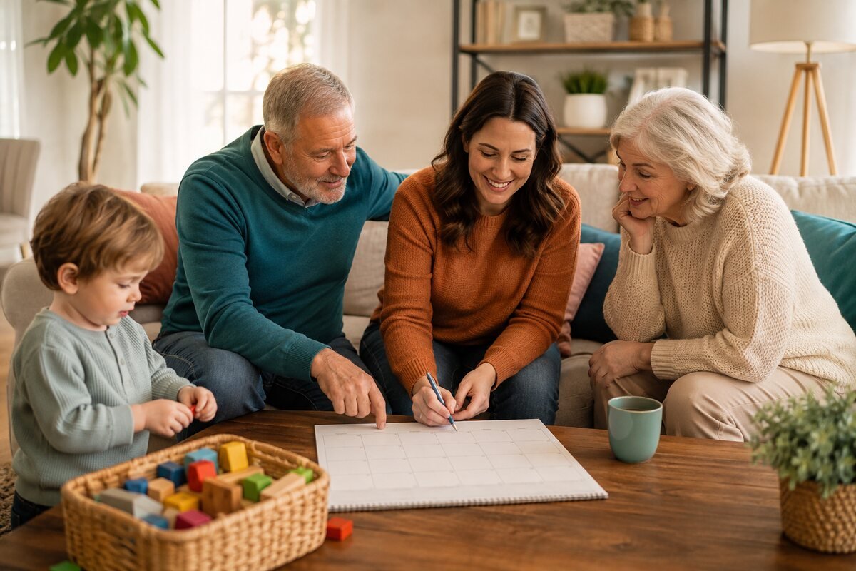 Grandparents and an adult daughter plan boundaries while a grandchild plays nearby.