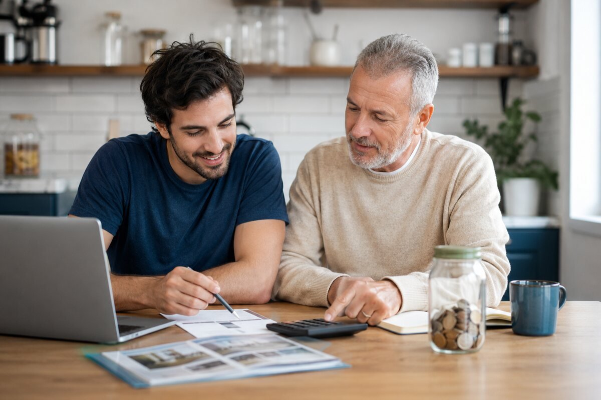 A father and adult son calculate how much to save before moving out.