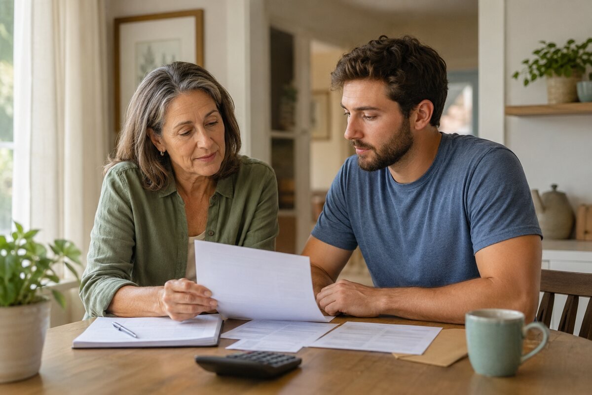 A mother and adult son review a budget while planning to stop financial support gradually.